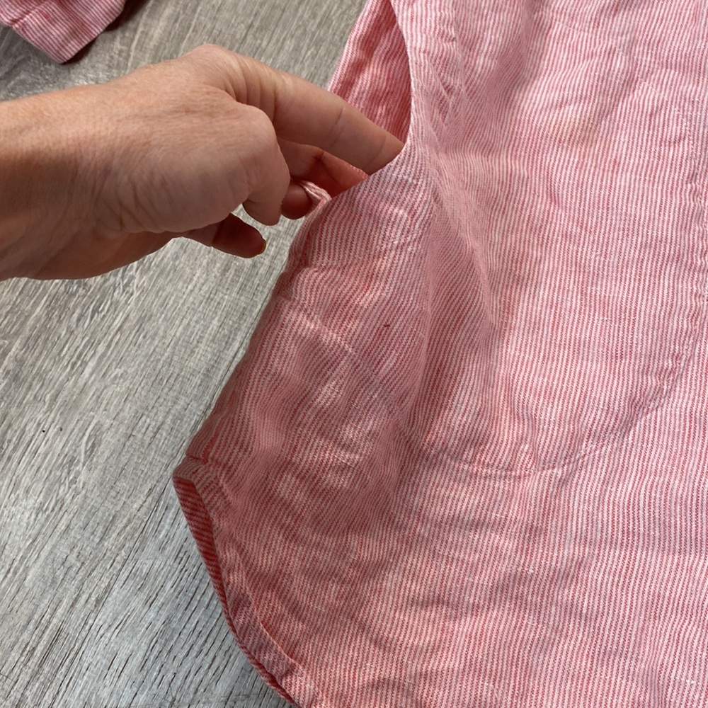 Chico's Womens Sz 0 Button Up Roll Sleeve Striped Linen Tunic Pink Pockets - Picture 3 of 5